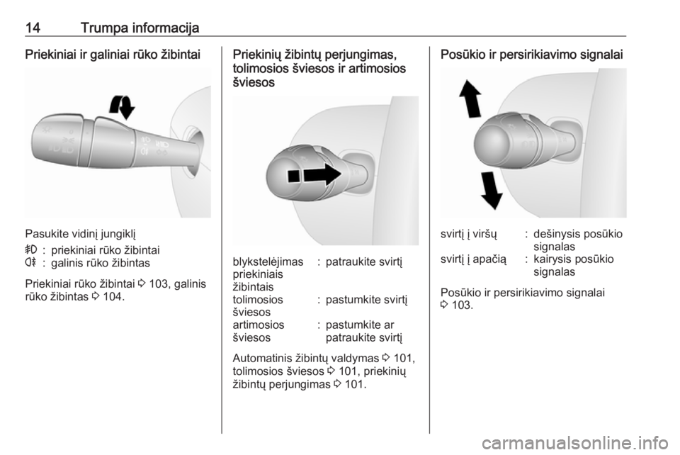 OPEL VIVARO B 2016  Savininko vadovas (in Lithuanian) 14Trumpa informacijaPriekiniai ir galiniai rūko žibintai
Pasukite vidinį jungiklį
>:priekiniai rūko žibintair:galinis rūko žibintas
Priekiniai rūko žibintai 3 103, galinis
rūko žibintas  3