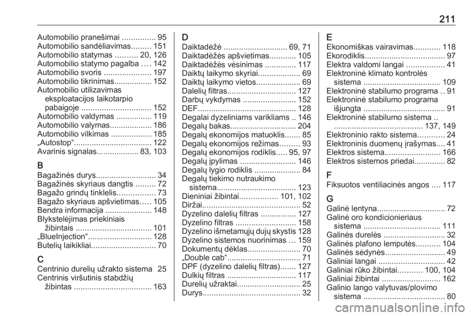 OPEL VIVARO B 2016  Savininko vadovas (in Lithuanian) 211Automobilio pranešimai ...............95
Automobilio sandėliavimas .........151
Automobilio statymas  ..........20, 126
Automobilio statymo pagalba  ....142
Automobilio svoris  ..................