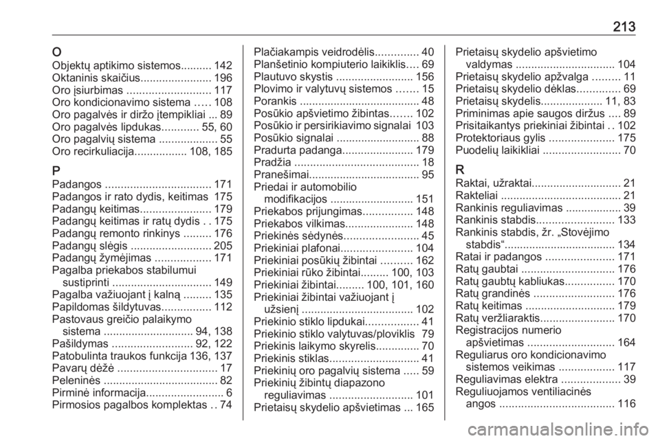 OPEL VIVARO B 2016  Savininko vadovas (in Lithuanian) 213OObjektų aptikimo sistemos.......... 142
Oktaninis skaičius .......................196
Oro įsiurbimas  ........................... 117
Oro kondicionavimo sistema  .....108
Oro pagalvės ir dirž
