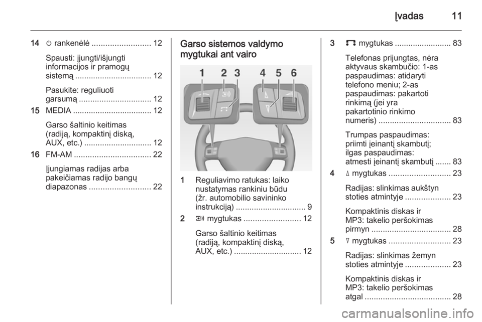 OPEL ZAFIRA B 2014.5  Informacijos ir pramogų sistemos vadovas (in Lithuanian) Įvadas11
14m rankenėlė .......................... 12
Spausti: įjungti/išjungti
informacijos ir pramogų
sistemą .................................. 12
Pasukite: reguliuoti
garsumą ..............