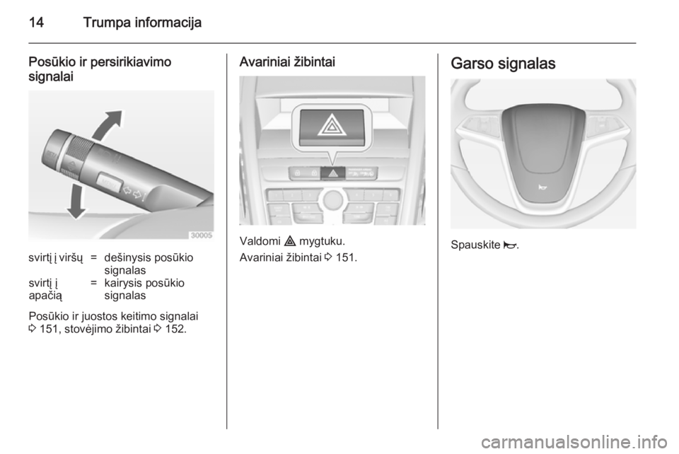OPEL ZAFIRA C 2014  Savininko vadovas (in Lithuanian) 14Trumpa informacija
Posūkio ir persirikiavimo
signalaisvirtį į viršų=dešinysis posūkio
signalassvirtį į
apačią=kairysis posūkio
signalas
Posūkio ir juostos keitimo signalai
3  151, stov