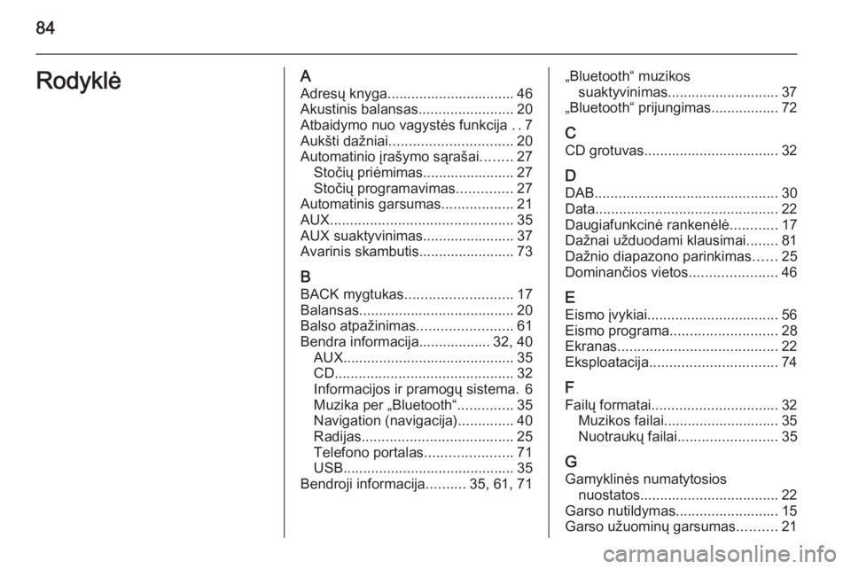 OPEL ZAFIRA C 2015  Informacijos ir pramogų sistemos vadovas (in Lithuanian) 84RodyklėAAdresų knyga................................ 46
Akustinis balansas ........................20
Atbaidymo nuo vagystės funkcija  ..7
Aukšti dažniai ............................... 20
Auto