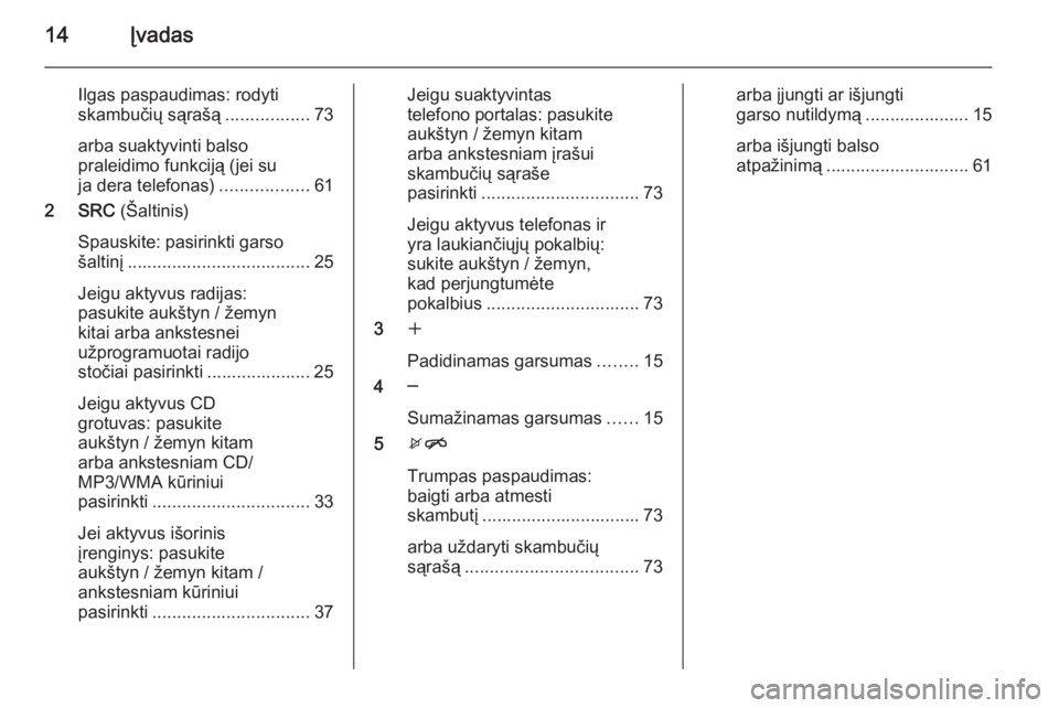 OPEL ZAFIRA C 2015.5  Informacijos ir pramogų sistemos vadovas (in Lithuanian) 14Įvadas
Ilgas paspaudimas: rodyti
skambučių sąrašą .................73
arba suaktyvinti balso
praleidimo funkciją (jei su
ja dera telefonas) ..................61
2 SRC  (Šaltinis)
Spauskite: 