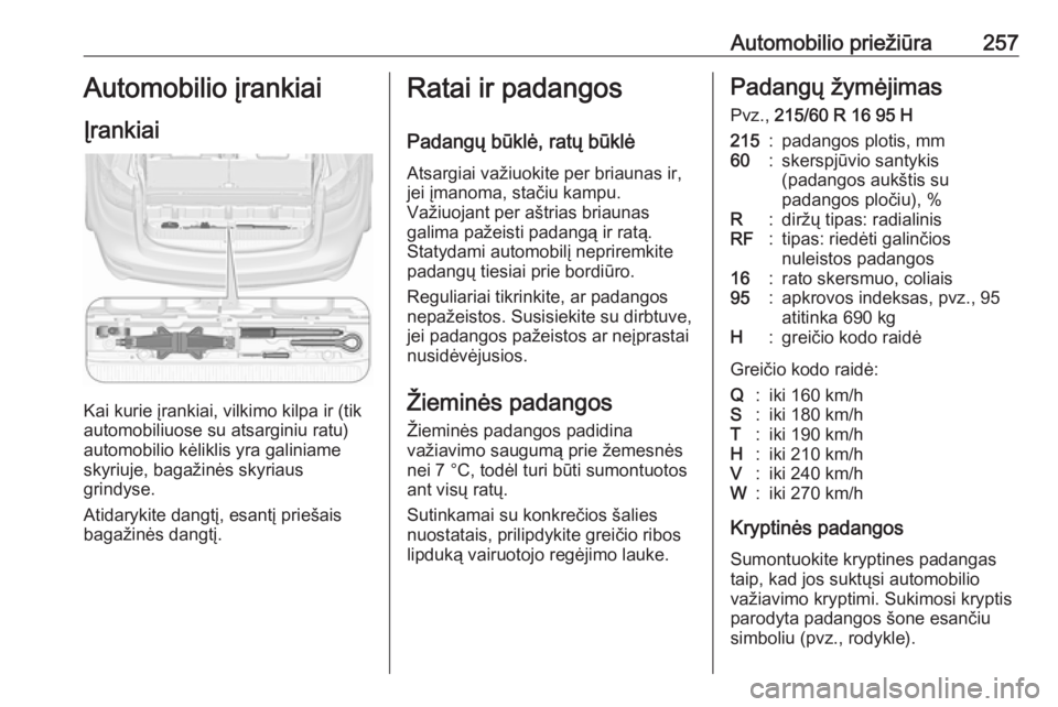 OPEL ZAFIRA C 2016 Savininko vadovas (in Lithuanian) Automobilio priežiūra257Automobilio įrankiai
Įrankiai
Kai kurie įrankiai, vilkimo kilpa ir (tik
automobiliuose su atsarginiu ratu)
automobilio kėliklis yra galiniame
skyriuje, bagažinės skyria OPEL ZAFIRA C 2016 Savininko vadovas (in Lithuanian) Automobilio priežiūra257Automobilio įrankiai
Įrankiai
Kai kurie įrankiai, vilkimo kilpa ir (tik
automobiliuose su atsarginiu ratu)
automobilio kėliklis yra galiniame
skyriuje, bagažinės skyria