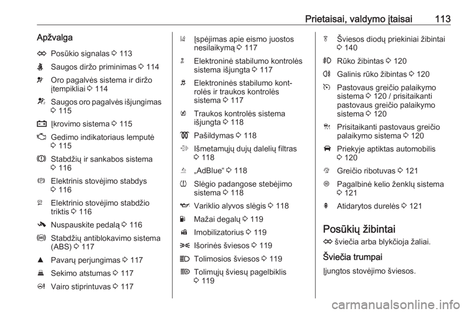OPEL ZAFIRA C 2018.5  Savininko vadovas (in Lithuanian) Prietaisai, valdymo įtaisai113ApžvalgaOPosūkio signalas 3 113XSaugos diržo priminimas  3 114vOro pagalvės sistema ir diržo
įtempikliai  3 114VSaugos oro pagalvės išjungimas
3  115pĮkrovimo s