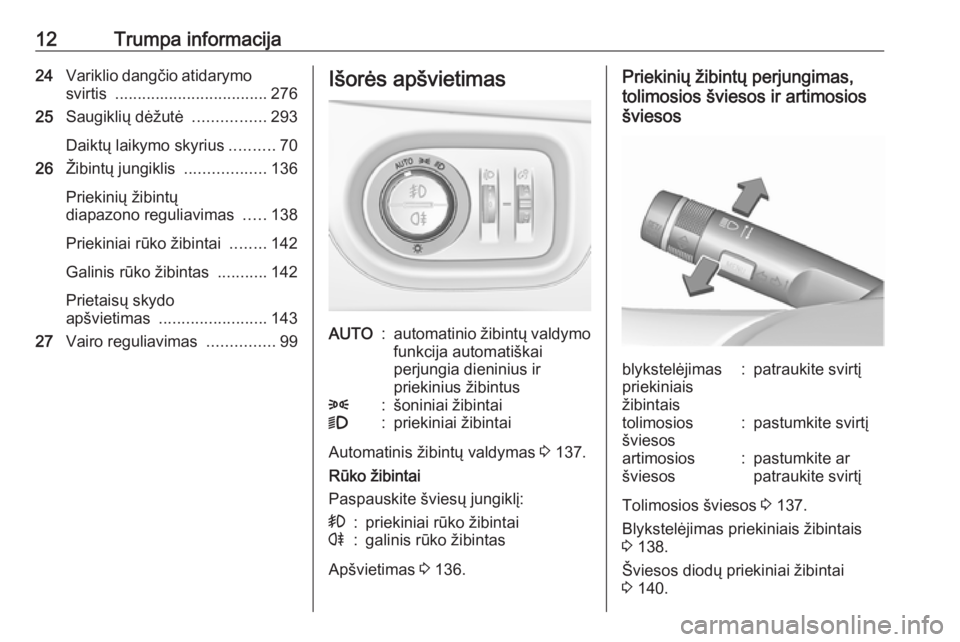 OPEL ZAFIRA C 2018.5  Savininko vadovas (in Lithuanian) 12Trumpa informacija24Variklio dangčio atidarymo
svirtis  .................................. 276
25 Saugiklių dėžutė  ................293
Daiktų laikymo skyrius ..........70
26 Žibintų jungikl
