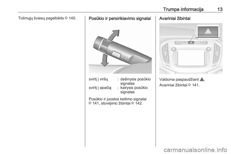 OPEL ZAFIRA C 2018.5  Savininko vadovas (in Lithuanian) Trumpa informacija13Tolimųjų šviesų pagelbiklis 3 140.Posūkio ir persirikiavimo signalaisvirtį į viršų:dešinysis posūkio
signalassvirtį į apačią:kairysis posūkio
signalas
Posūkio ir j