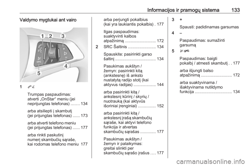 OPEL ZAFIRA C 2019 Savininko vadovas (in Lithuanian) Informacijos ir pramogų sistema133Valdymo mygtukai ant vairo
1qw
Trumpas paspaudimas:
atverti „OnStar“ meniu (jei
neprijungtas telefonas) .......134
arba atsiliepti į skambutį
(jei prijungtas t OPEL ZAFIRA C 2019 Savininko vadovas (in Lithuanian) Informacijos ir pramogų sistema133Valdymo mygtukai ant vairo
1qw
Trumpas paspaudimas:
atverti „OnStar“ meniu (jei
neprijungtas telefonas) .......134
arba atsiliepti į skambutį
(jei prijungtas t