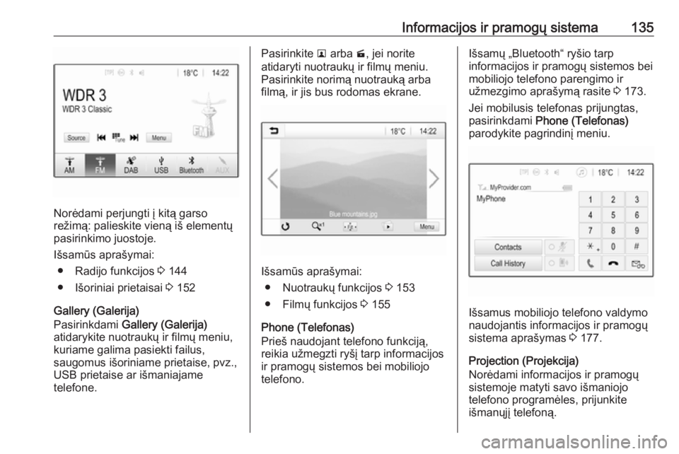 OPEL ZAFIRA C 2019  Savininko vadovas (in Lithuanian) Informacijos ir pramogų sistema135
Norėdami perjungti į kitą garso
režimą: palieskite vieną iš elementų
pasirinkimo juostoje.
Išsamūs aprašymai: ● Radijo funkcijos  3 144
● Išoriniai 