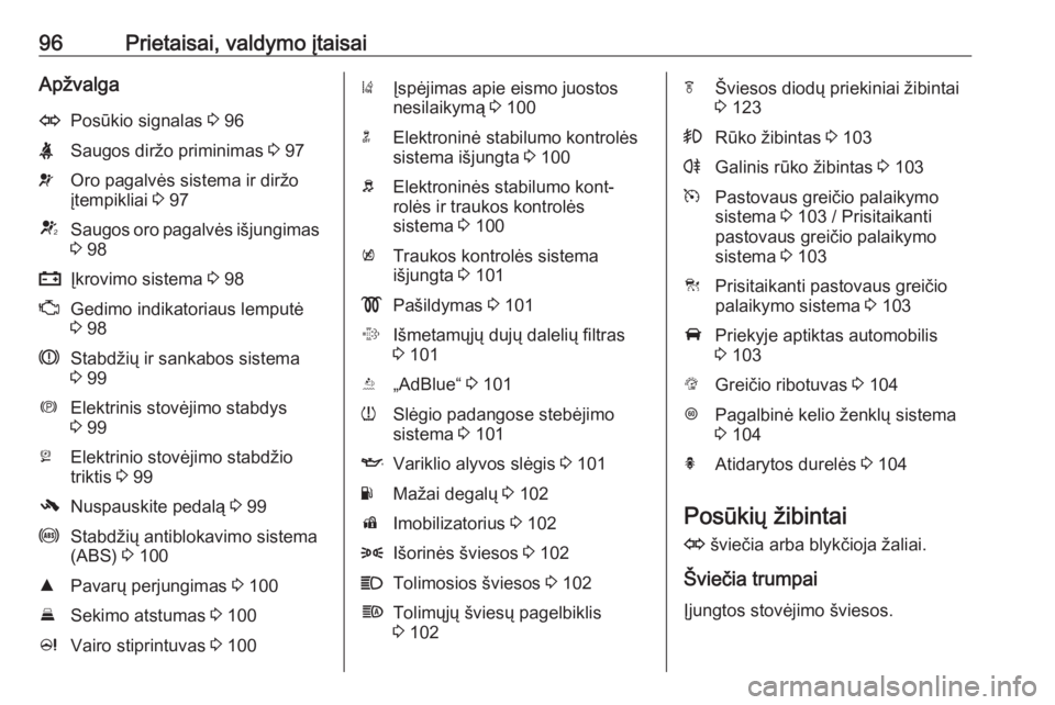 OPEL ZAFIRA C 2019  Savininko vadovas (in Lithuanian) 96Prietaisai, valdymo įtaisaiApžvalgaOPosūkio signalas 3 96XSaugos diržo priminimas  3 97vOro pagalvės sistema ir diržo
įtempikliai  3 97VSaugos oro pagalvės išjungimas
3  98pĮkrovimo sistem