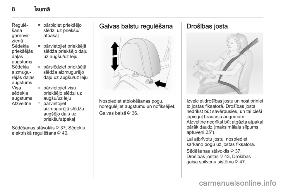 OPEL ANTARA 2014.5  Īpašnieka rokasgrāmata (in Latvian) 8Īsumā
Regulē‐
šana
garenvir‐
zienā=pārbīdiet priekšējo
slēdzi uz priekšu/
atpakaļSēdekļa
priekšējās
daļas
augstums=pārvietojiet priekšējā
slēdža priekšējo daļu
uz augš