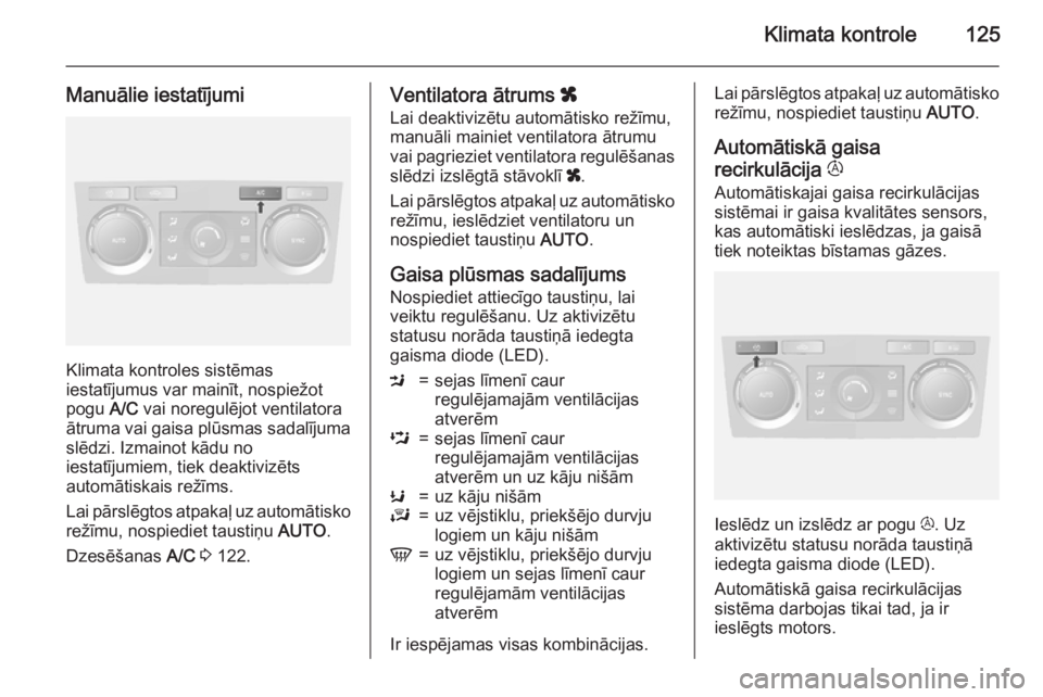OPEL ANTARA 2015 Īpašnieka rokasgrāmata (in Latvian) Klimata kontrole125
Manuālie iestatījumi
Klimata kontroles sistēmas
iestatījumus var mainīt, nospiežot
pogu A/C vai noregulējot ventilatora
ātruma vai gaisa plūsmas sadalījuma slēdzi. Izma OPEL ANTARA 2015 Īpašnieka rokasgrāmata (in Latvian) Klimata kontrole125
Manuālie iestatījumi
Klimata kontroles sistēmas
iestatījumus var mainīt, nospiežot
pogu A/C vai noregulējot ventilatora
ātruma vai gaisa plūsmas sadalījuma slēdzi. Izma
