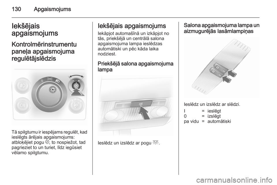 OPEL ASTRA H 2014 Īpašnieka rokasgrāmata (in Latvian) 130ApgaismojumsIekšējais
apgaismojums
Kontrolmērinstrumentupaneļa apgaismojuma
regulētājslēdzis
Tā spilgtumu ir iespējams regulēt, kad ieslēgts ārējais apgaismojums:
atbloķējiet pogu k OPEL ASTRA H 2014 Īpašnieka rokasgrāmata (in Latvian) 130ApgaismojumsIekšējais
apgaismojums
Kontrolmērinstrumentupaneļa apgaismojuma
regulētājslēdzis
Tā spilgtumu ir iespējams regulēt, kad ieslēgts ārējais apgaismojums:
atbloķējiet pogu k