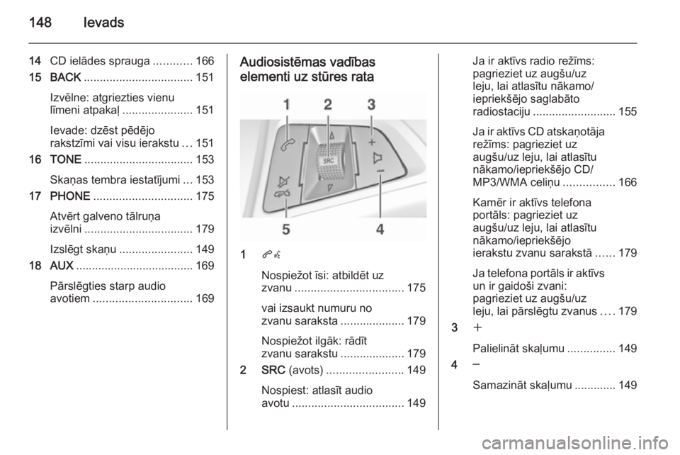 OPEL ASTRA J 2015.5  Informācijas un izklaides sistēmas rokasgrāmata (in Latvian) 148Ievads
14CD ielādes sprauga ............166
15 BACK .................................. 151
Izvēlne: atgriezties vienu
līmeni atpakaļ ...................... 151
Ievade: dzēst pēdējo
rakstzīm