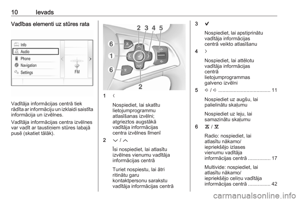 OPEL ASTRA K 2016  Informācijas un izklaides sistēmas rokasgrāmata (in Latvian) 10IevadsVadības elementi uz stūres rata
Vadītāja informācijas centrā tiek
rādīta ar informāciju un izklaidi saistīta
informācija un izvēlnes.
Vadītāja informācijas centra izvēlnes
var 