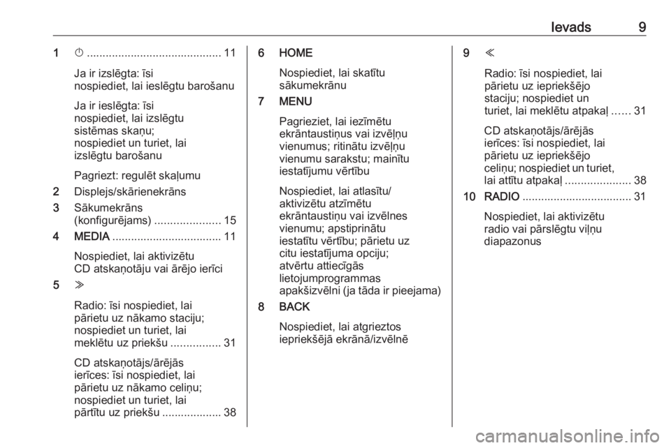 OPEL ASTRA K 2016.5  Informācijas un izklaides sistēmas rokasgrāmata (in Latvian) Ievads91X........................................... 11
Ja ir izslēgta: īsi
nospiediet, lai ieslēgtu barošanu
Ja ir ieslēgta: īsi
nospiediet, lai izslēgtu
sistēmas skaņu;
nospiediet un turiet