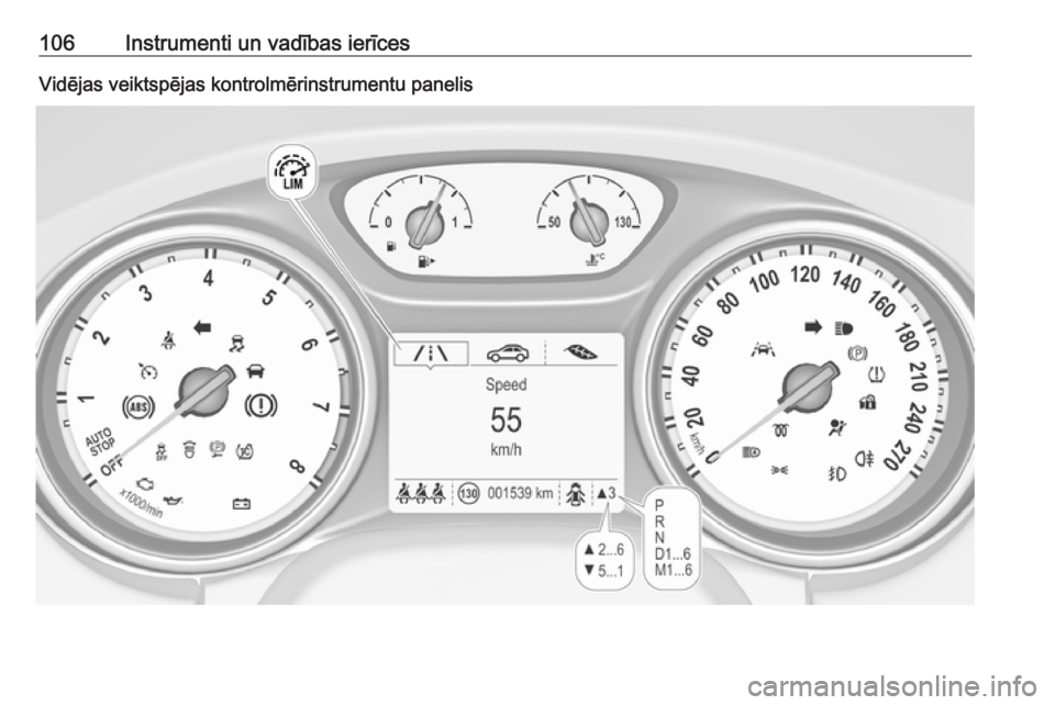 OPEL ASTRA K 2016.5  Īpašnieka rokasgrāmata (in Latvian) 106Instrumenti un vadības ierīcesVidējas veiktspējas kontrolmērinstrumentu panelis 