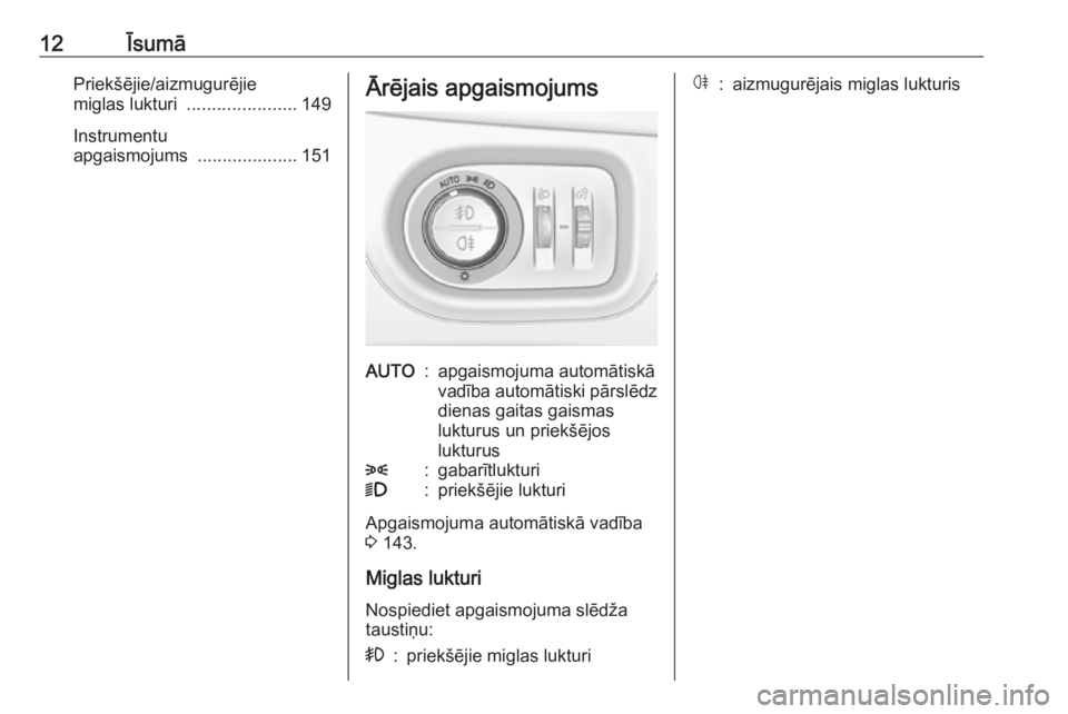 OPEL ASTRA K 2016.5 Īpašnieka rokasgrāmata (in Latvian) 12ĪsumāPriekšējie/aizmugurējie
miglas lukturi ...................... 149
Instrumentu
apgaismojums ....................151Ārējais apgaismojumsAUTO:apgaismojuma automātiskā
vadība automātis OPEL ASTRA K 2016.5 Īpašnieka rokasgrāmata (in Latvian) 12ĪsumāPriekšējie/aizmugurējie
miglas lukturi ...................... 149
Instrumentu
apgaismojums ....................151Ārējais apgaismojumsAUTO:apgaismojuma automātiskā
vadība automātis