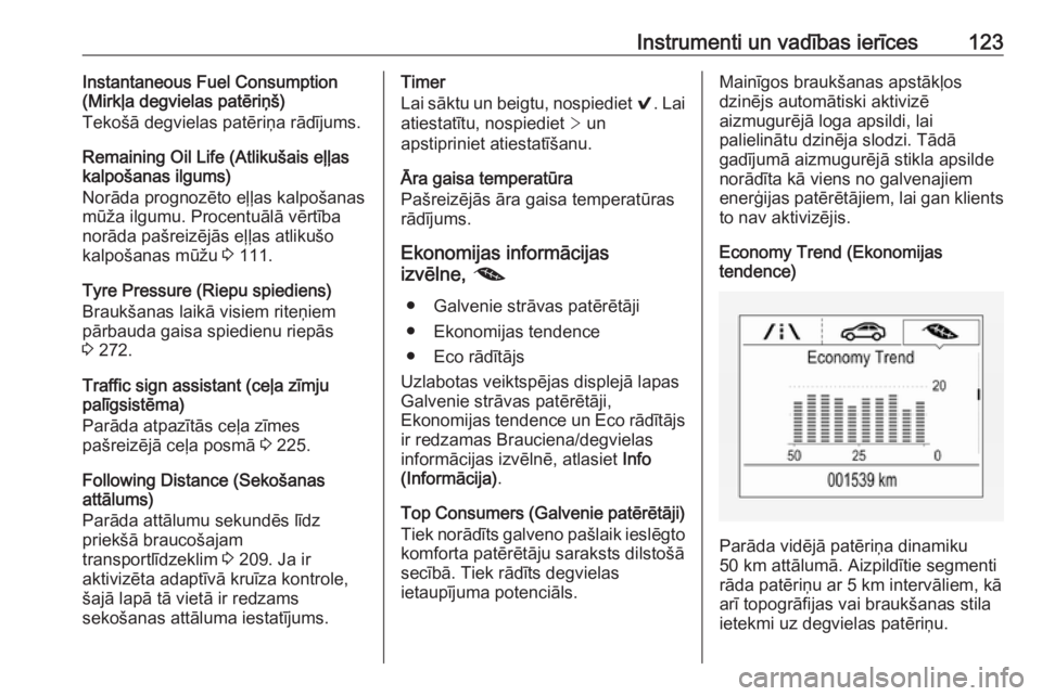 OPEL ASTRA K 2017  Īpašnieka rokasgrāmata (in Latvian) Instrumenti un vadības ierīces123Instantaneous Fuel Consumption
(Mirkļa degvielas patēriņš)
Tekošā degvielas patēriņa rādījums.
Remaining Oil Life (Atlikušais eļļas
kalpošanas ilgums)
