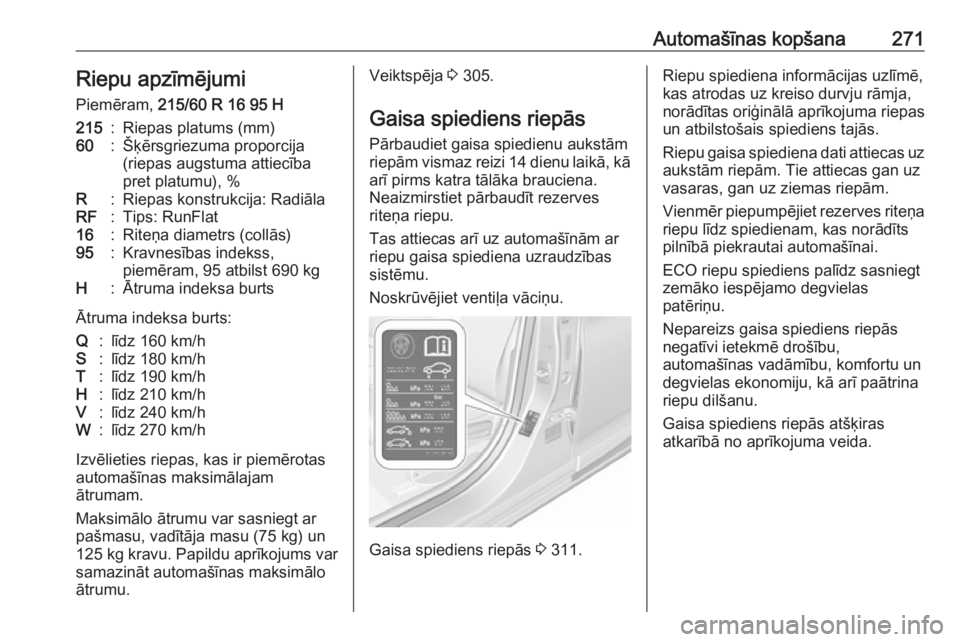 OPEL ASTRA K 2017  Īpašnieka rokasgrāmata (in Latvian) Automašīnas kopšana271Riepu apzīmējumi
Piemēram,  215/60 R 16 95 H215:Riepas platums (mm)60:Šķērsgriezuma proporcija
(riepas augstuma attiecība
pret platumu), %R:Riepas konstrukcija: Radiāl