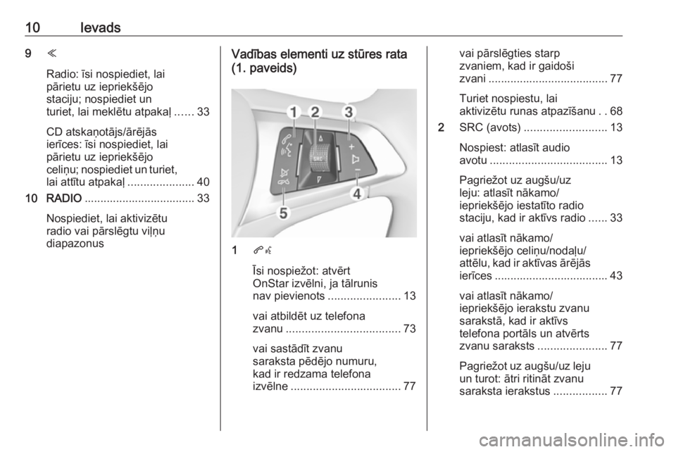 OPEL ASTRA K 2017.5  Informācijas un izklaides sistēmas rokasgrāmata (in Latvian) 10Ievads9Y
Radio: īsi nospiediet, lai
pārietu uz iepriekšējo
staciju; nospiediet un
turiet, lai meklētu atpakaļ ......33
CD atskaņotājs/ārējās
ierīces: īsi nospiediet, lai
pārietu uz iep