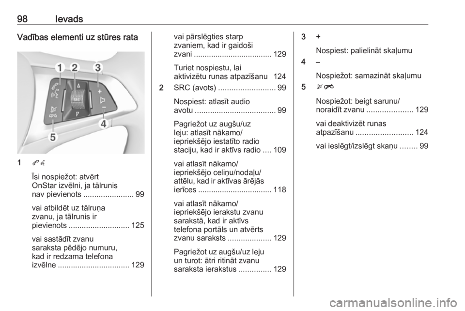 OPEL ASTRA K 2017.5  Informācijas un izklaides sistēmas rokasgrāmata (in Latvian) 98IevadsVadības elementi uz stūres rata
1qw
Īsi nospiežot: atvērt
OnStar izvēlni, ja tālrunis
nav pievienots ....................... 99
vai atbildēt uz tālruņa
zvanu, ja tālrunis ir
pievien