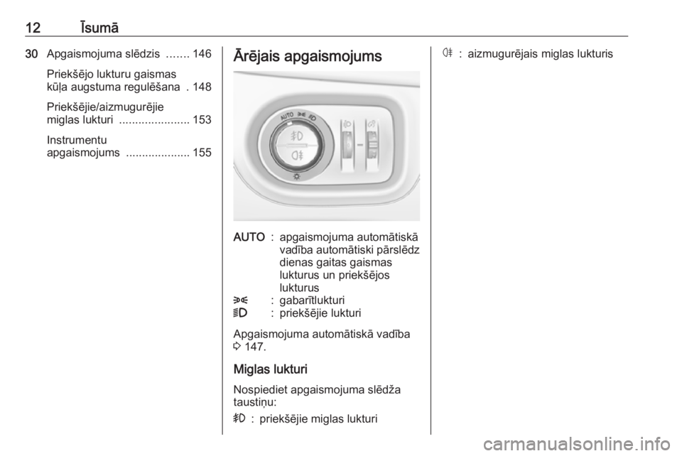 OPEL ASTRA K 2017.5  Īpašnieka rokasgrāmata (in Latvian) 12Īsumā30Apgaismojuma slēdzis  .......146
Priekšējo lukturu gaismas
kūļa augstuma regulēšana  . 148
Priekšējie/aizmugurējie
miglas lukturi  ...................... 153
Instrumentu
apgaismoj