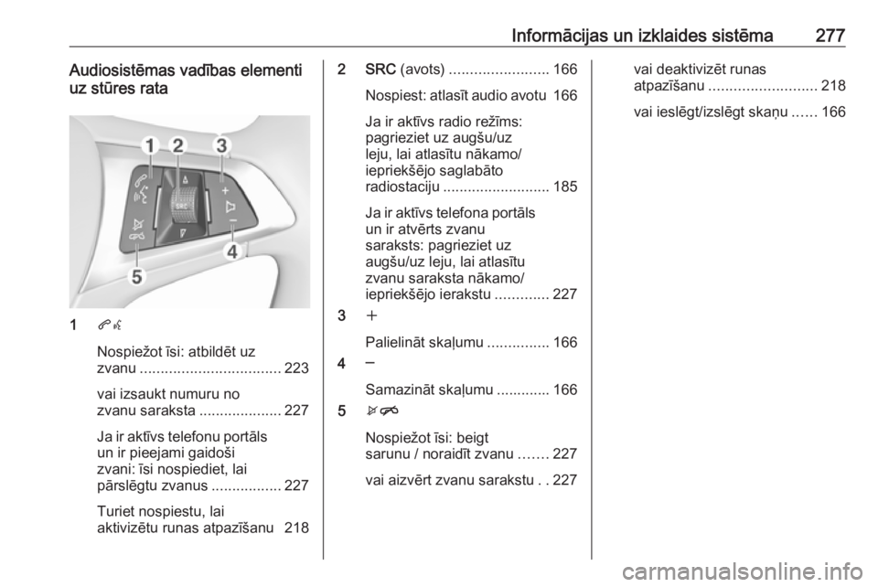OPEL ASTRA K 2017.5  Īpašnieka rokasgrāmata (in Latvian) Informācijas un izklaides sistēma277Audiosistēmas vadības elementi
uz stūres rata
1 qw
Nospiežot īsi: atbildēt uz
zvanu .................................. 223
vai izsaukt numuru no
zvanu sarak
