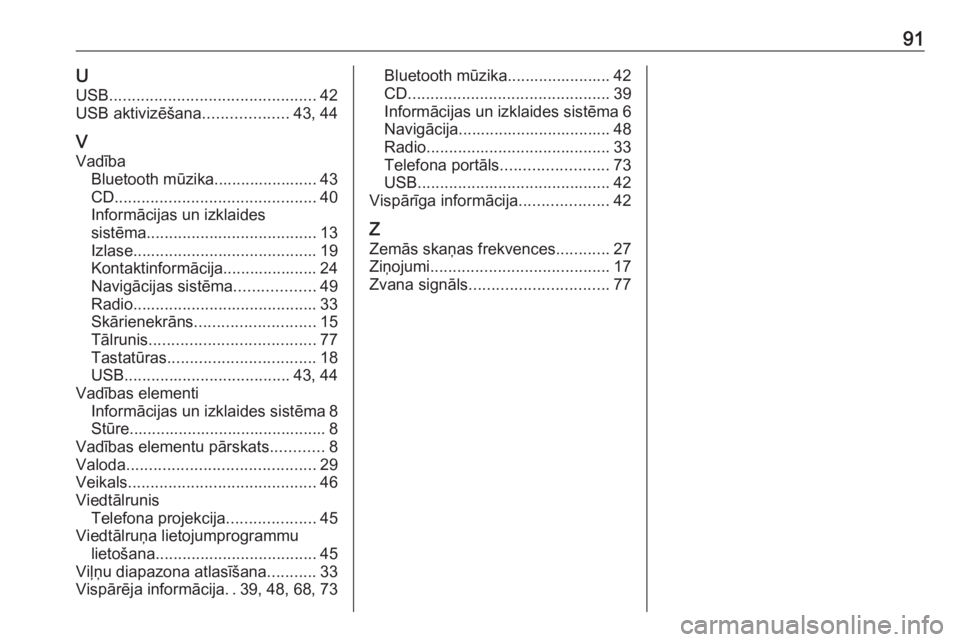 OPEL ASTRA K 2018  Informācijas un izklaides sistēmas rokasgrāmata (in Latvian) 91UUSB .............................................. 42
USB aktivizēšana ...................43, 44
V Vadība Bluetooth mūzika....................... 43
CD .........................................