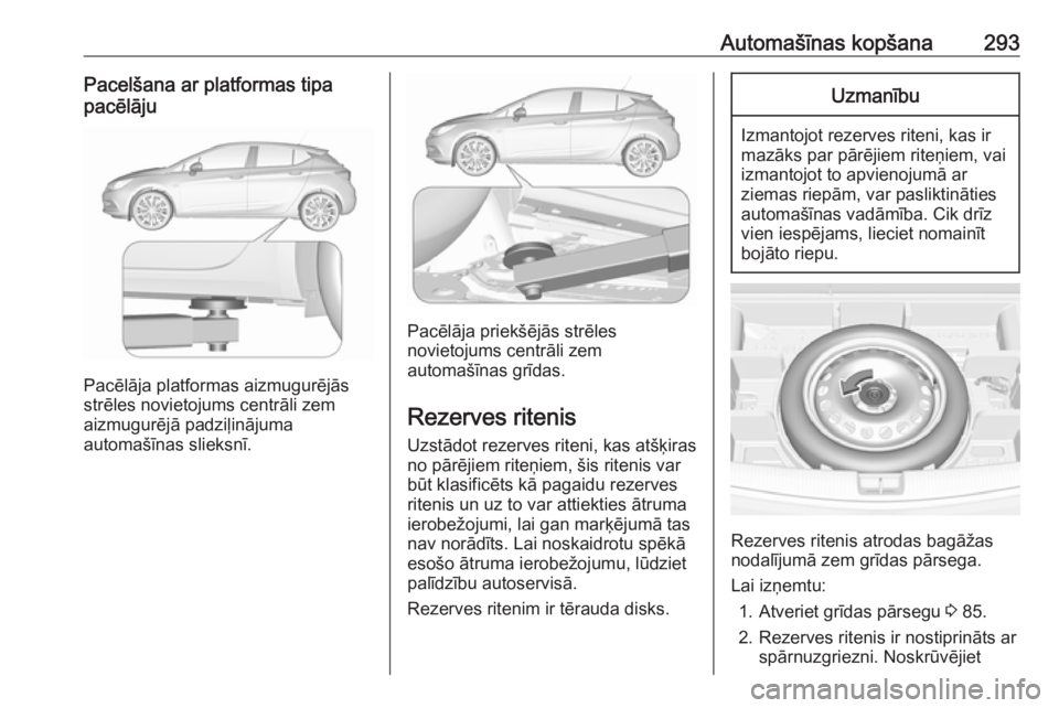 OPEL ASTRA K 2018.75 Īpašnieka rokasgrāmata (in Latvian) Automašīnas kopšana293Pacelšana ar platformas tipa
pacēlāju
Pacēlāja platformas aizmugurējās
strēles novietojums centrāli zem
aizmugurējā padziļinājuma
automašīnas slieksnī.
Pacēl OPEL ASTRA K 2018.75 Īpašnieka rokasgrāmata (in Latvian) Automašīnas kopšana293Pacelšana ar platformas tipa
pacēlāju
Pacēlāja platformas aizmugurējās
strēles novietojums centrāli zem
aizmugurējā padziļinājuma
automašīnas slieksnī.
Pacēl