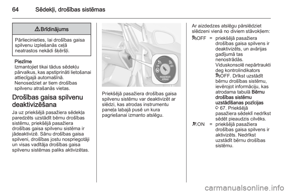 OPEL CASCADA 2014.5 Īpašnieka rokasgrāmata (in Latvian) 64Sēdekļi, drošības sistēmas9Brīdinājums
Pārliecinieties, lai drošības gaisa
spilvenu izplešanās ceļā
neatrastos nekādi šķēršļi.
Piezīme
Izmantojiet tikai tādus sēdekļu
pārval OPEL CASCADA 2014.5 Īpašnieka rokasgrāmata (in Latvian) 64Sēdekļi, drošības sistēmas9Brīdinājums
Pārliecinieties, lai drošības gaisa
spilvenu izplešanās ceļā
neatrastos nekādi šķēršļi.
Piezīme
Izmantojiet tikai tādus sēdekļu
pārval
