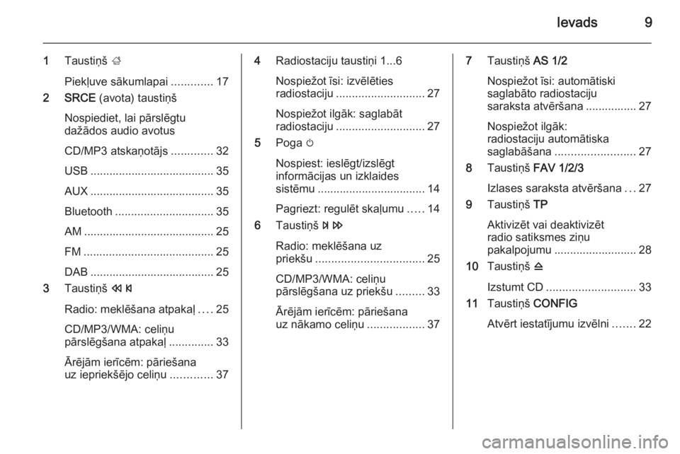 OPEL CASCADA 2015  Informācijas un izklaides sistēmas rokasgrāmata (in Latvian) Ievads9
1Taustiņš  ;
Piekļuve sākumlapai .............17
2 SRCE  (avota) taustiņš
Nospiediet, lai pārslēgtu
dažādos audio avotus
CD/MP3 atskaņotājs .............32
USB ....................