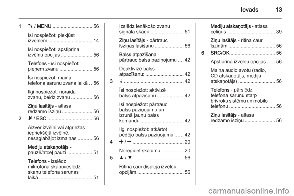 OPEL COMBO 2014  Informācijas un izklaides sistēmas rokasgrāmata (in Latvian) Ievads13
1Â / MENU ............................. 56
Īsi nospiežot: piekļūst
izvēlnēm ................................ 14
Īsi nospiežot: apstiprina
izvēlņu opcijas ....................... 56
