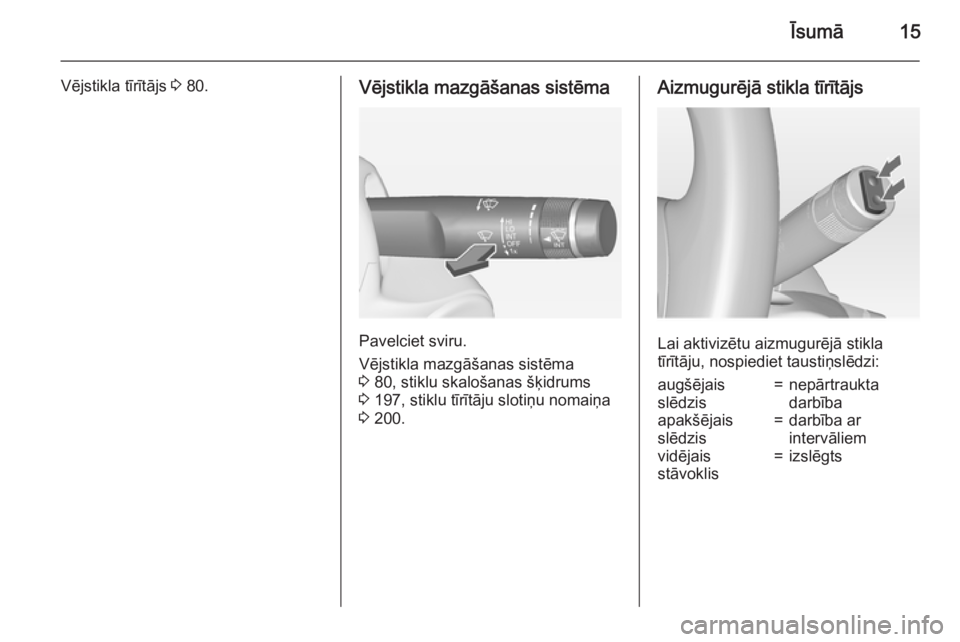 OPEL CORSA 2015  Īpašnieka rokasgrāmata (in Latvian) Īsumā15
Vējstikla tīrītājs 3 80.Vējstikla mazgāšanas sistēma
Pavelciet sviru.
Vējstikla mazgāšanas sistēma
3  80, stiklu skalošanas šķidrums
3  197, stiklu tīrītāju slotiņu nomai�