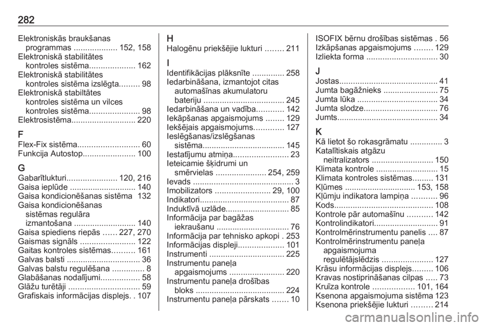OPEL CORSA E 2017.5  Īpašnieka rokasgrāmata (in Latvian) 282Elektroniskās braukšanasprogrammas  ...................152, 158
Elektroniskā stabilitātes kontroles sistēma ....................162
Elektroniskā stabilitātes kontroles sistēma izslēgta ...