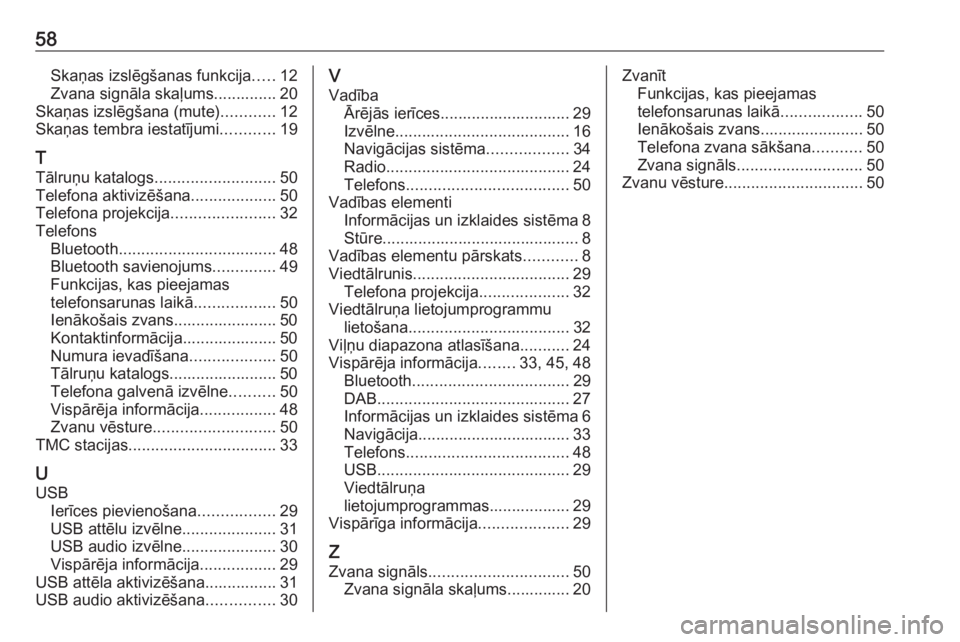 OPEL CORSA F 2020  Informācijas un izklaides sistēmas rokasgrāmata (in Latvian) 58Skaņas izslēgšanas funkcija.....12
Zvana signāla skaļums.............. 20
Skaņas izslēgšana (mute) ............12
Skaņas tembra iestatījumi ............19
T Tālruņu katalogs ............