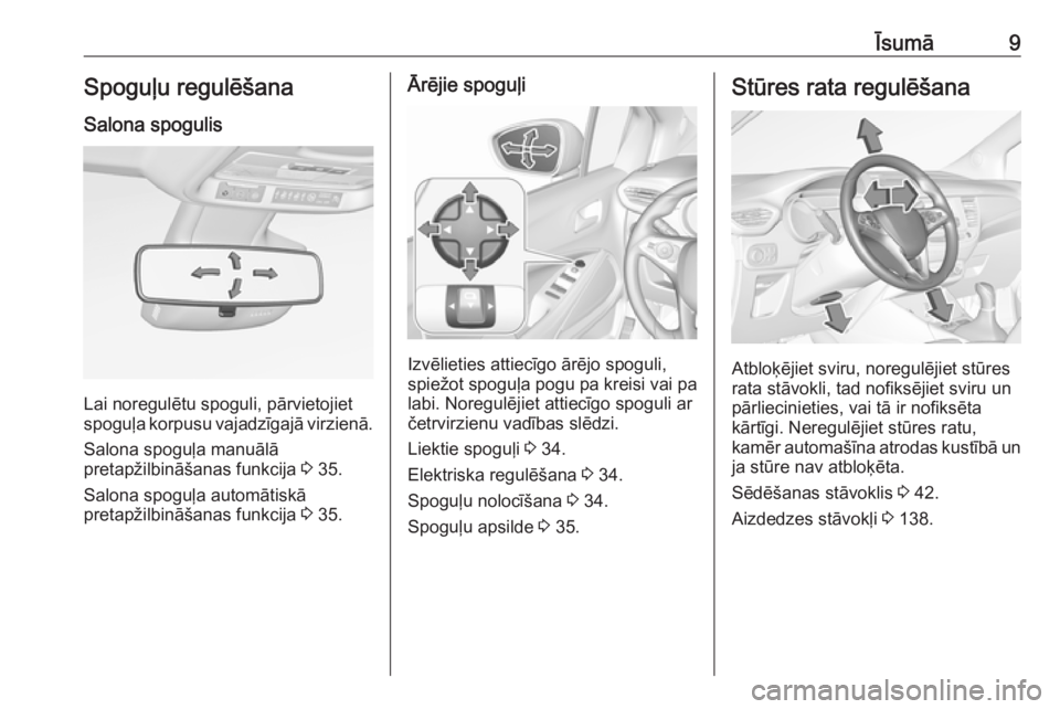 OPEL CROSSLAND X 2018.5  Īpašnieka rokasgrāmata (in Latvian) Īsumā9Spoguļu regulēšana
Salona spogulis
Lai noregulētu spoguli, pārvietojiet
spoguļa korpusu vajadzīgajā virzienā.
Salona spoguļa manuālā
pretapžilbināšanas funkcija  3 35.
Salona sp