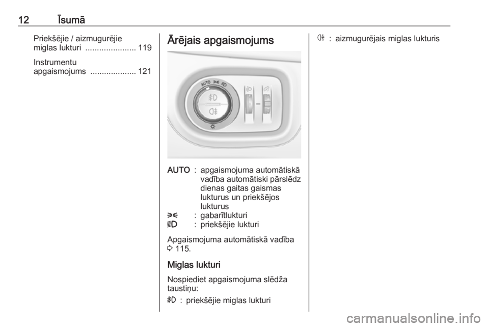 OPEL CROSSLAND X 2018.5  Īpašnieka rokasgrāmata (in Latvian) 12ĪsumāPriekšējie / aizmugurējie
miglas lukturi  ...................... 119
Instrumentu
apgaismojums  ....................121Ārējais apgaismojumsAUTO:apgaismojuma automātiskā
vadība automāt