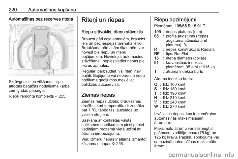 OPEL CROSSLAND X 2018.5  Īpašnieka rokasgrāmata (in Latvian) 220Automašīnas kopšanaAutomašīnas bez rezerves riteņa
Skrūvgriezis un vilkšanas cilpa
atrodas bagāžas nodalījumā kārbā
zem grīdas pārsega.
Riepu remonta komplekts  3 225.
Riteņi un ri