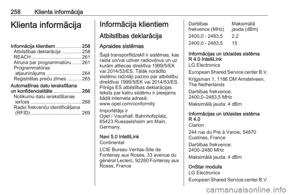 OPEL CROSSLAND X 2018.5  Īpašnieka rokasgrāmata (in Latvian) 258Klienta informācijaKlienta informācijaInformācija klientiem..................258
Atbilstības deklarācija ..............258
REACH .................................... 261
Atruna par programmat�