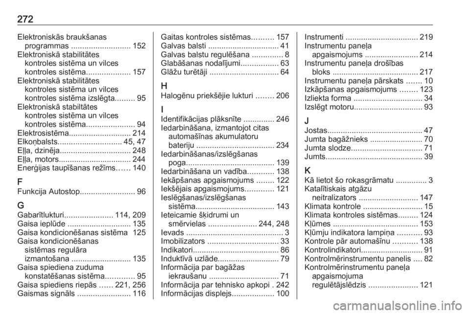 OPEL CROSSLAND X 2018.5  Īpašnieka rokasgrāmata (in Latvian) 272Elektroniskās braukšanasprogrammas  ........................... 152
Elektroniskā stabilitātes kontroles sistēma un vilces
kontroles sistēma ....................157
Elektroniskā stabilitātes
