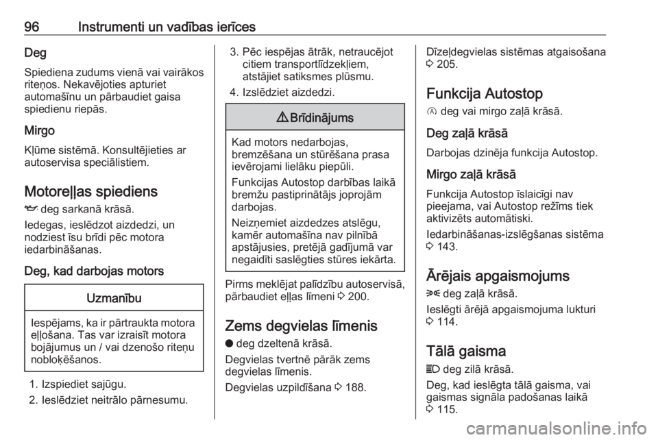 OPEL CROSSLAND X 2018.5  Īpašnieka rokasgrāmata (in Latvian) 96Instrumenti un vadības ierīcesDegSpiediena zudums vienā vai vairākos
riteņos. Nekavējoties apturiet
automašīnu un pārbaudiet gaisa
spiedienu riepās.
Mirgo
Kļūme sistēmā. Konsultējieti