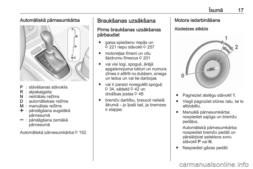 OPEL CROSSLAND X 2019  Īpašnieka rokasgrāmata (in Latvian) Īsumā17Automātiskā pārnesumkārbaP:stāvēšanas stāvoklisR:atpakaļgaitaN:neitrālais režīmsD:automātiskais režīmsM:manuālais režīms<:pārslēgšana augstākā
pārnesumā]:pārslēgša
