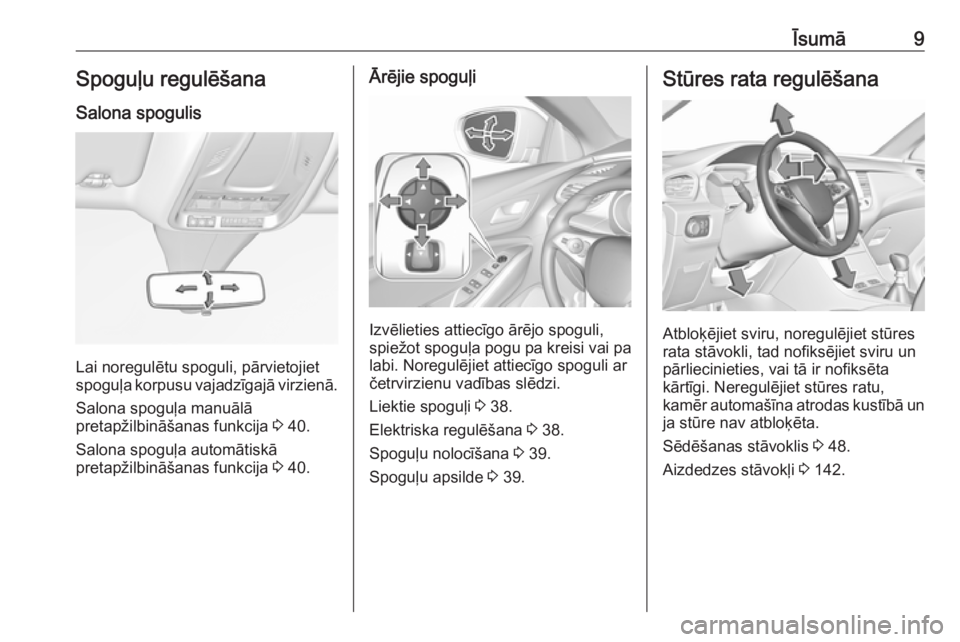 OPEL GRANDLAND X 2018.5  Īpašnieka rokasgrāmata (in Latvian) Īsumā9Spoguļu regulēšana
Salona spogulis
Lai noregulētu spoguli, pārvietojiet
spoguļa korpusu vajadzīgajā virzienā.
Salona spoguļa manuālā
pretapžilbināšanas funkcija  3 40.
Salona sp