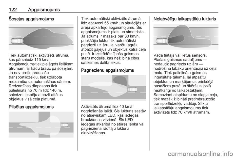 OPEL GRANDLAND X 2018.5  Īpašnieka rokasgrāmata (in Latvian) 122ApgaismojumsŠosejas apgaismojums
Tiek automātiski aktivizēts ātrumā,
kas pārsniedz 115 km/h.
Apgaismojums tiek pielāgots lielākam ātrumam, ar kādu brauc pa šosejām.
Ja nav pretimbrauco�
