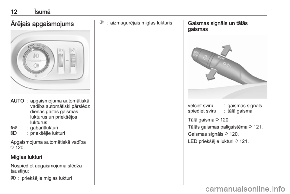 OPEL GRANDLAND X 2018.5  Īpašnieka rokasgrāmata (in Latvian) 12ĪsumāĀrējais apgaismojumsAUTO:apgaismojuma automātiskā
vadība automātiski pārslēdz dienas gaitas gaismas
lukturus un priekšējos
lukturus8:gabarītlukturi9:priekšējie lukturi
Apgaismoju