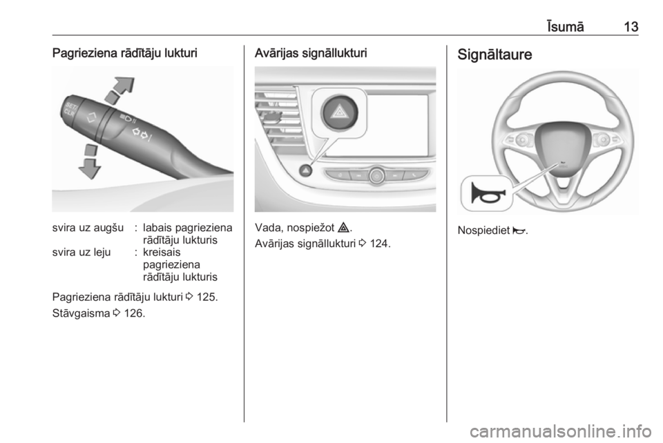 OPEL GRANDLAND X 2018.5  Īpašnieka rokasgrāmata (in Latvian) Īsumā13Pagrieziena rādītāju lukturisvira uz augšu:labais pagrieziena
rādītāju lukturissvira uz leju:kreisais
pagrieziena
rādītāju lukturis
Pagrieziena rādītāju lukturi  3 125.
Stāvgais