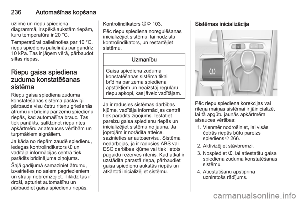 OPEL GRANDLAND X 2018.5  Īpašnieka rokasgrāmata (in Latvian) 236Automašīnas kopšanauzlīmē un riepu spiediena
diagrammā, ir spēkā aukstām riepām,
kuru temperatūra ir 20 °C.
Temperatūrai palielinoties par 10 °C,
riepu spiediens palielinās par gandr
