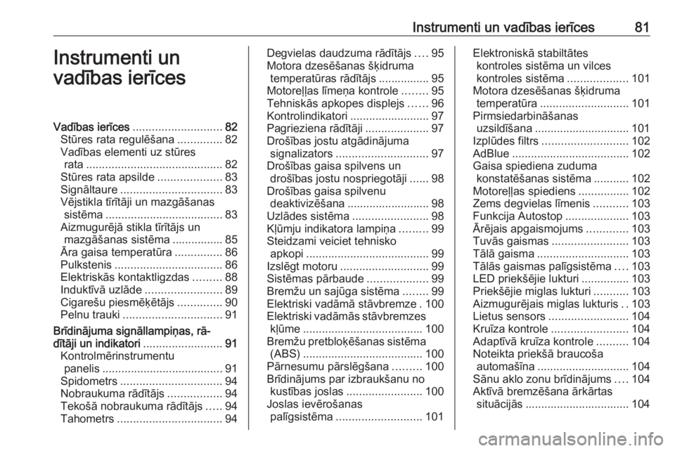 OPEL GRANDLAND X 2018.75  Īpašnieka rokasgrāmata (in Latvian) Instrumenti un vadības ierīces81Instrumenti un
vadības ierīcesVadības ierīces ............................ 82
Stūres rata regulēšana ..............82
Vadības elementi uz stūres rata .......
