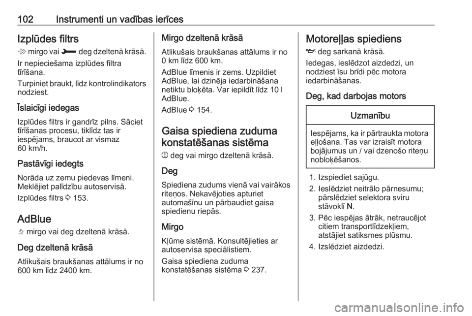 OPEL GRANDLAND X 2019  Īpašnieka rokasgrāmata (in Latvian) 102Instrumenti un vadības ierīcesIzplūdes filtrs
%  mirgo vai  H deg dzeltenā krāsā.
Ir nepieciešama izplūdes filtra
tīrīšana.
Turpiniet braukt, līdz kontrolindikators
nodziest.
Īslaicīg